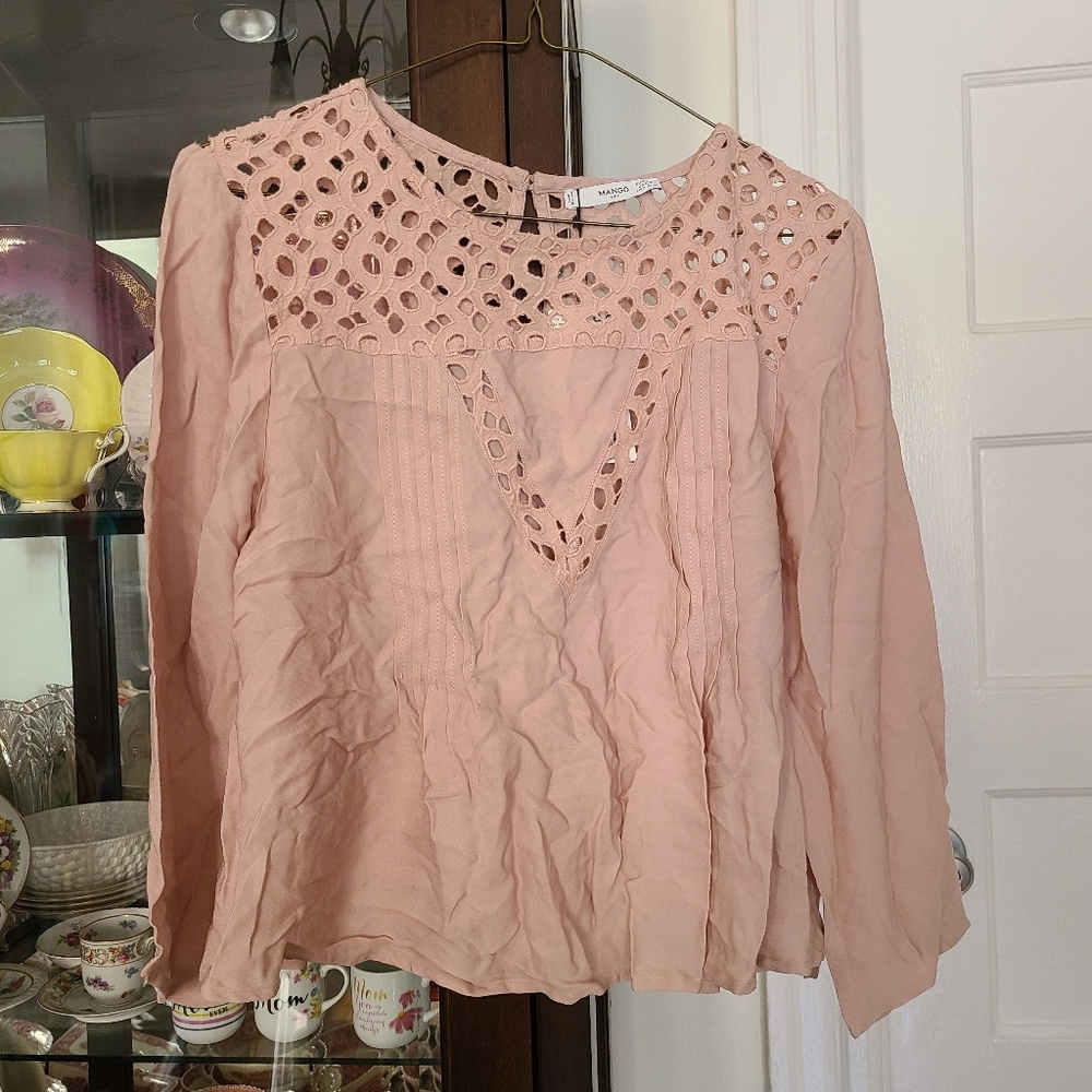Mango Boho Flowy Eyelet Blouse US Sz 2 XSmall NWT